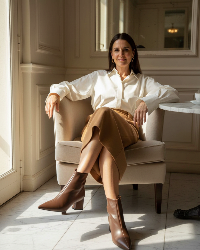 Woman wearing Mabea brown leather ankle boots seated in an old European cafe with marble floor