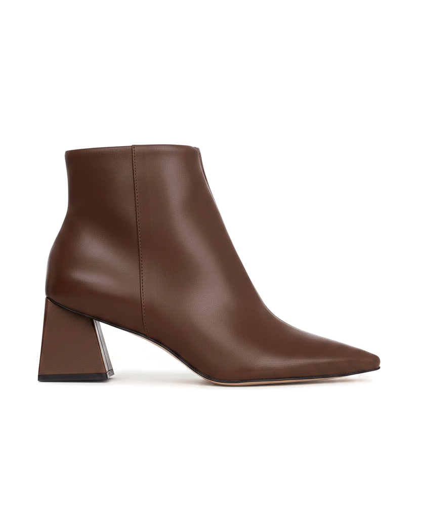 Mabea brown leather ankle boots with sharp pointed toe and flared block heel, side view on white background
