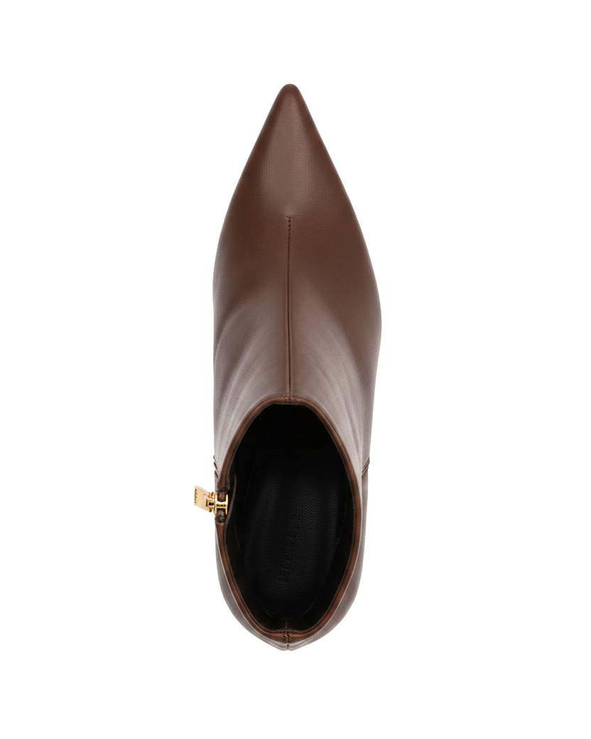 Mabea brown leather ankle boots top view showing centre seam, pointed toe and gold zip pull