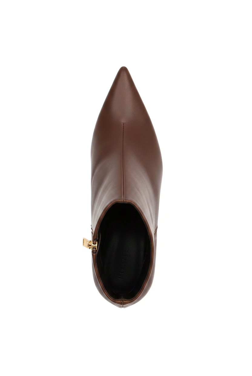 Mabea brown leather ankle boots top view showing centre seam, pointed toe and gold zip pull
