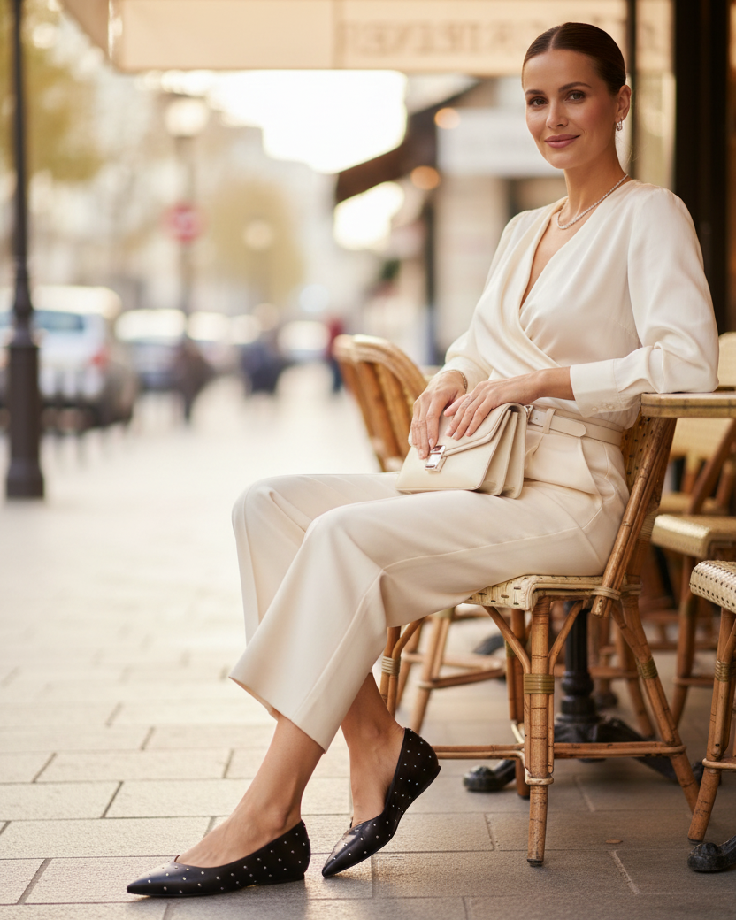 Ballerinas Hamelia aus schwarzem Leder mit spitzen Zehen und Nieten, gestylt auf der Terrasse eines Pariser Cafés