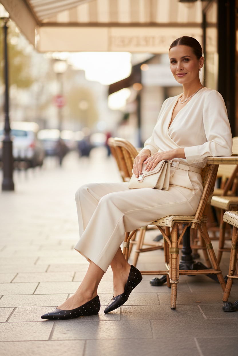 Hamelia black leather studded pointed-toe ballerina, styled at a Parisian cafe terrace