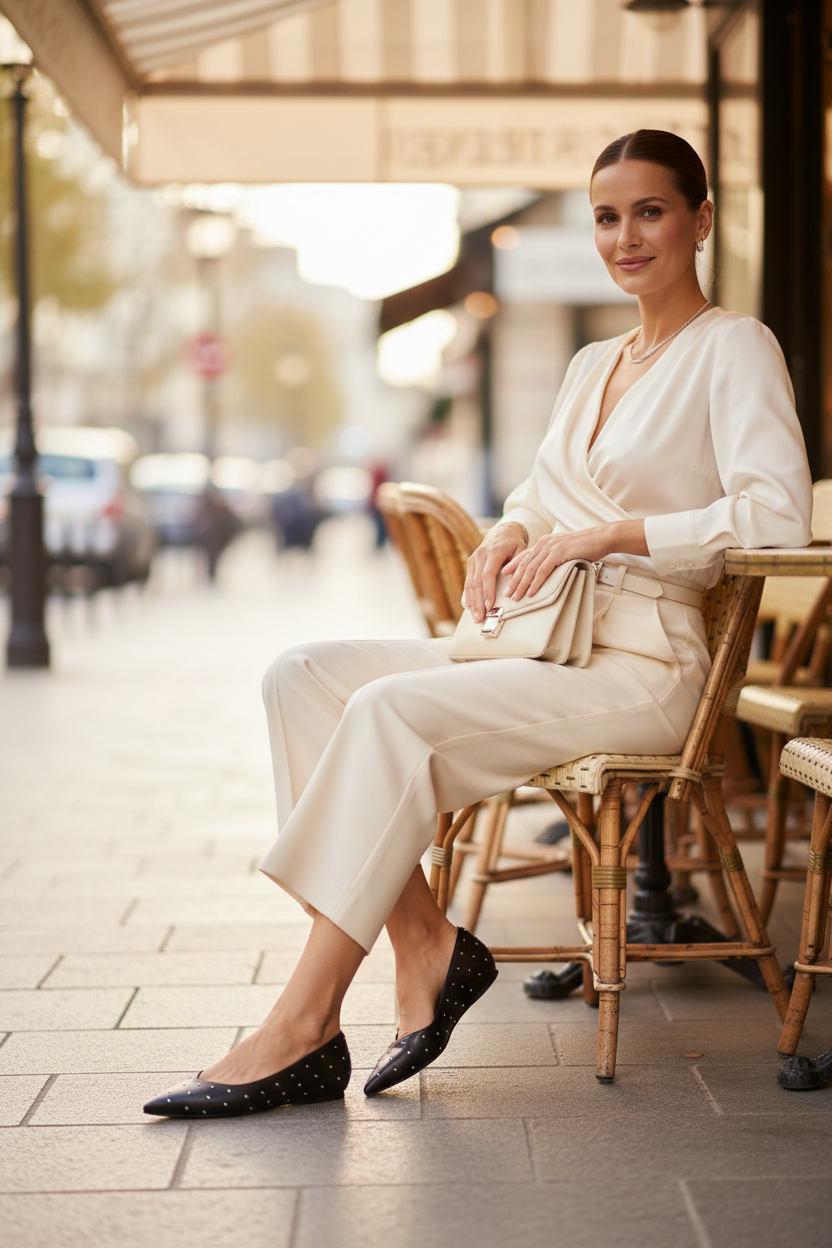 Hamelia black leather studded pointed-toe ballerina, styled at a Parisian cafe terrace