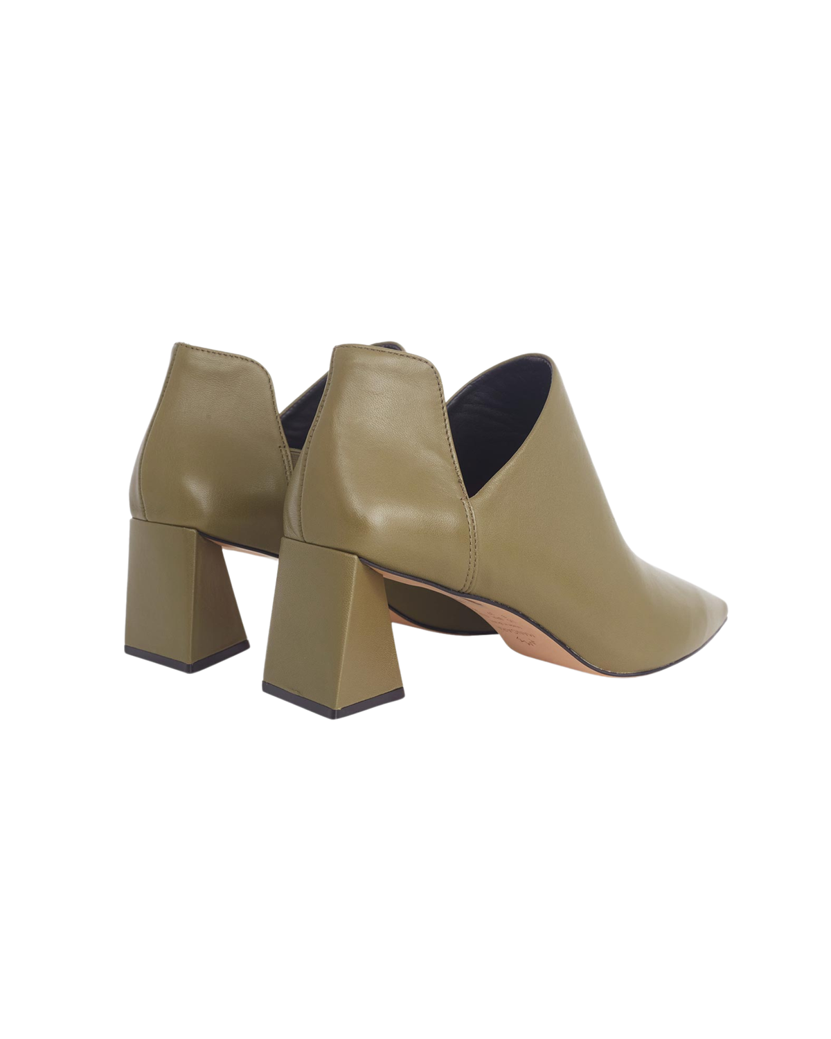 Maranta olive green leather ankle boots, rear view showing the flared block heel