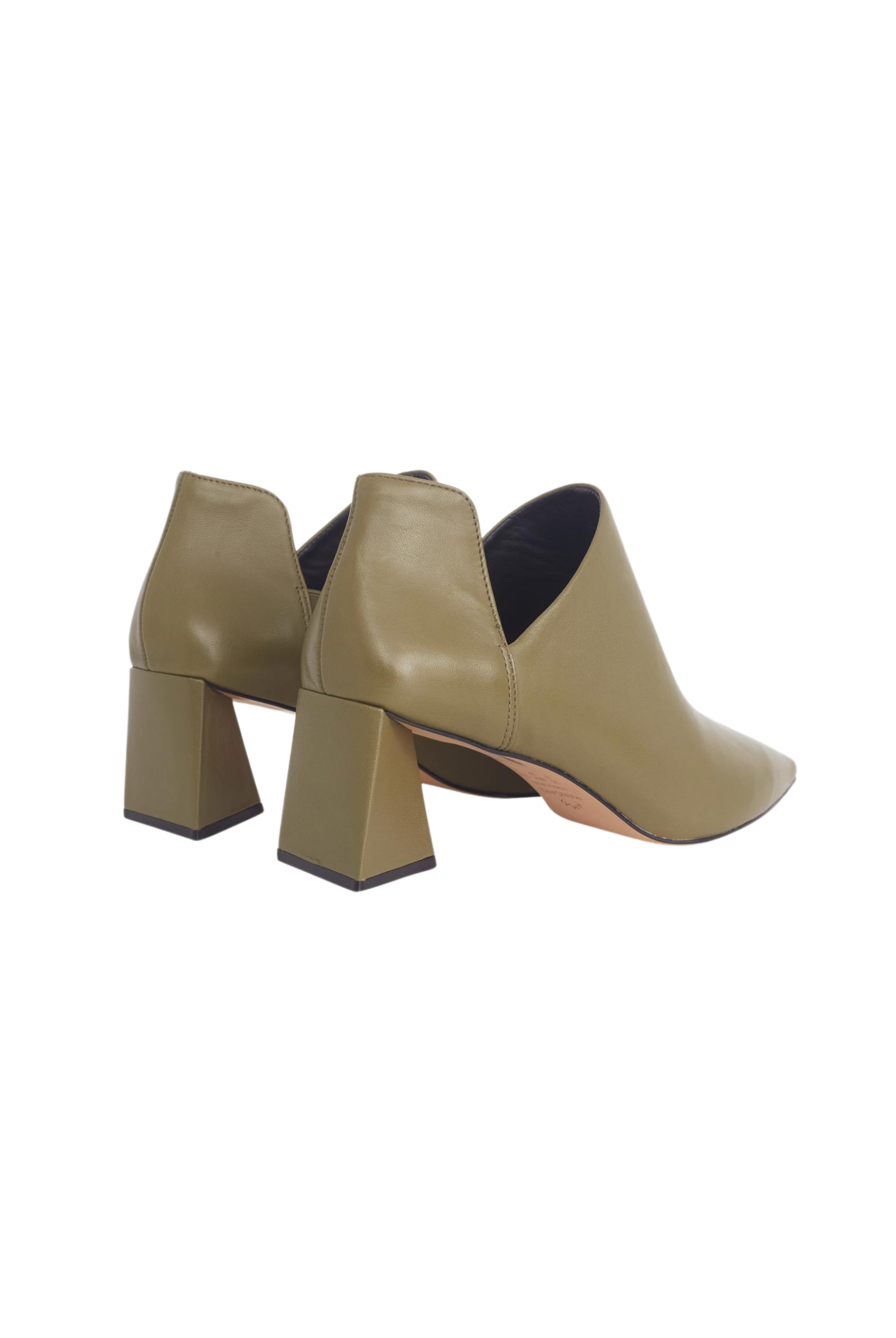Maranta olive green leather ankle boots, rear view showing the flared block heel