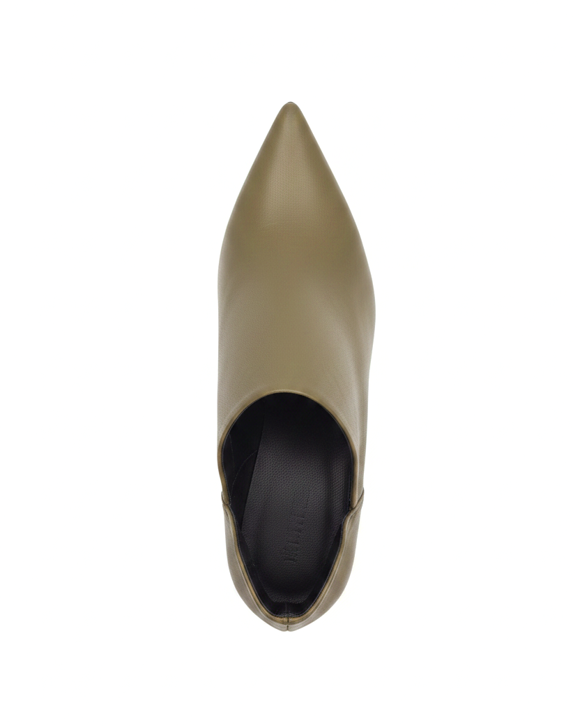 Maranta olive green ankle boots top view showing sharp pointed toe and black lining