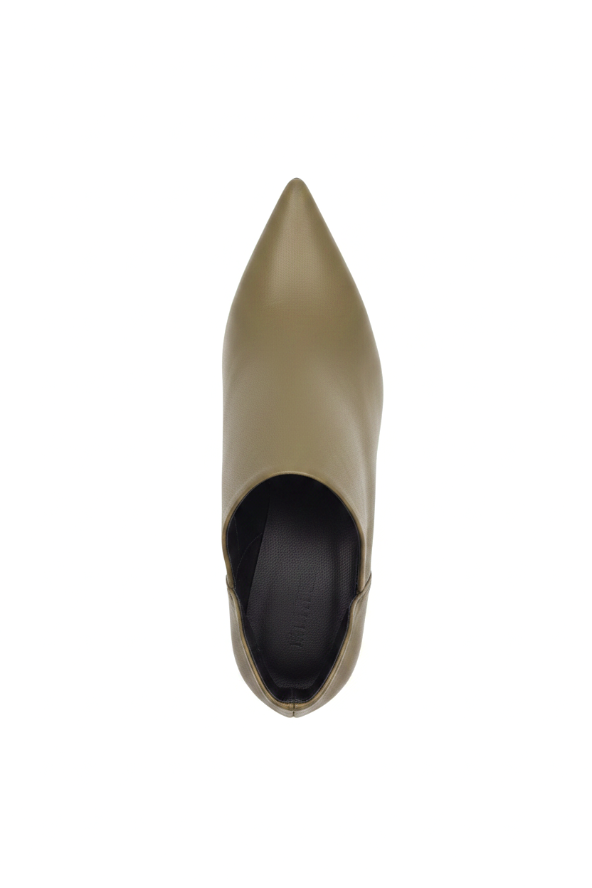 Maranta olive green ankle boots top view showing sharp pointed toe and black lining