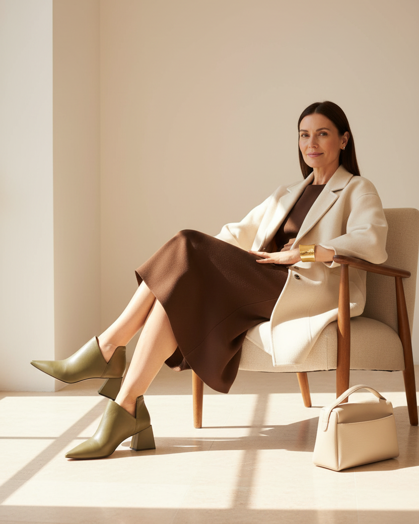 Woman wearing Maranta olive green leather ankle boots in a bright winter interior