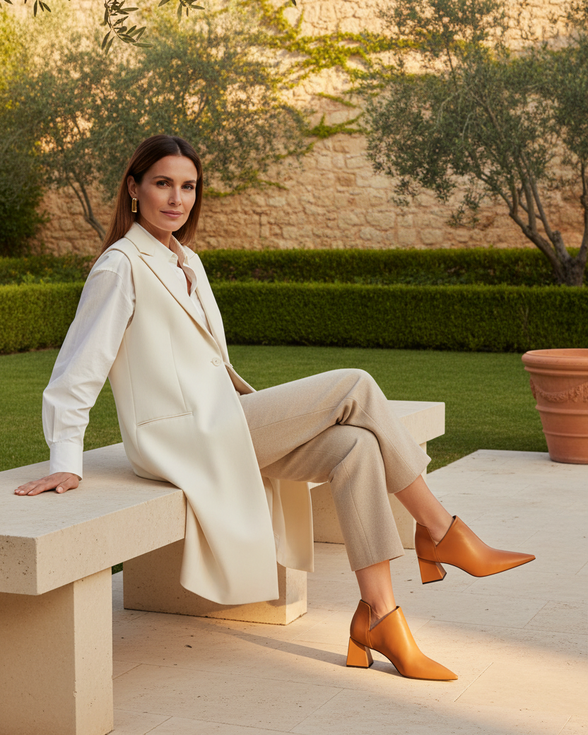 Woman wearing Maranta caramel brown leather ankle boots on a stone bench in a green garden terrace