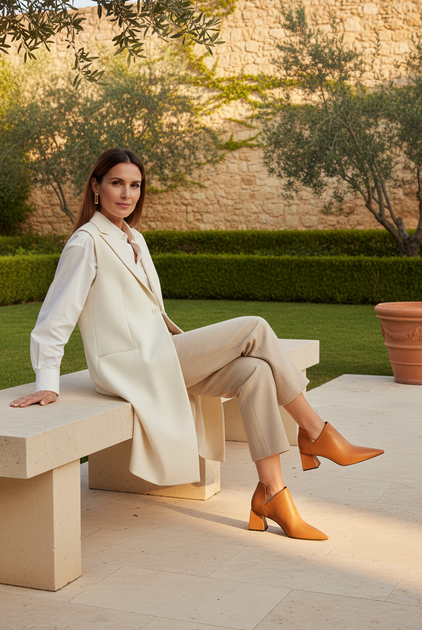 Woman wearing Maranta caramel brown leather ankle boots on a stone bench in a green garden terrace