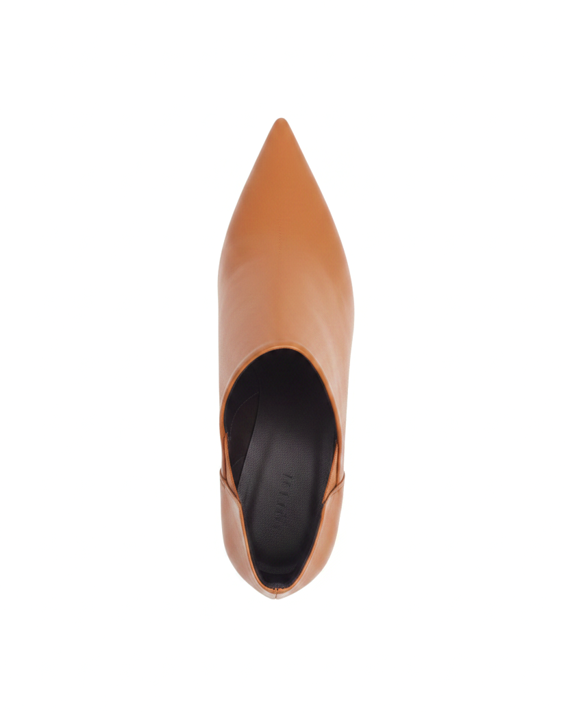 Maranta caramel brown ankle boots top view showing sharp pointed toe and dark lining