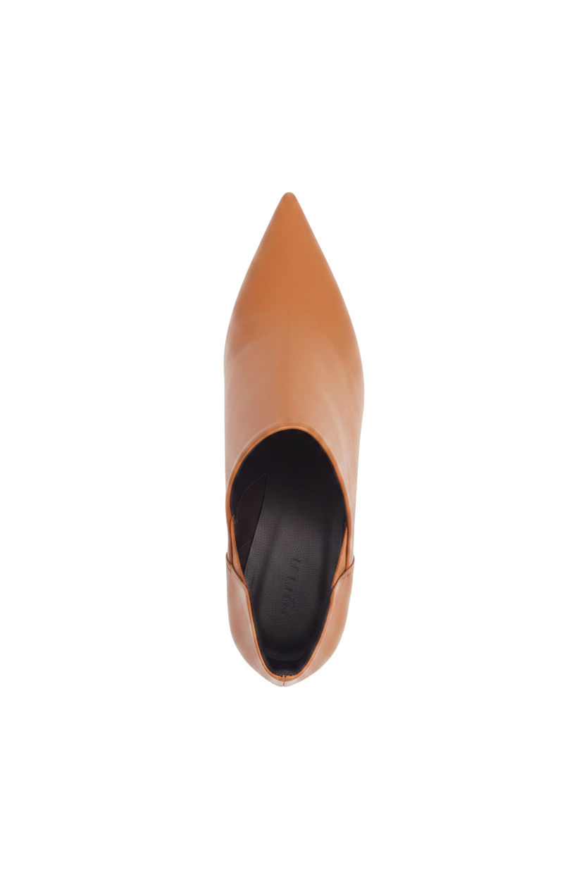 Maranta caramel brown ankle boots top view showing sharp pointed toe and dark lining