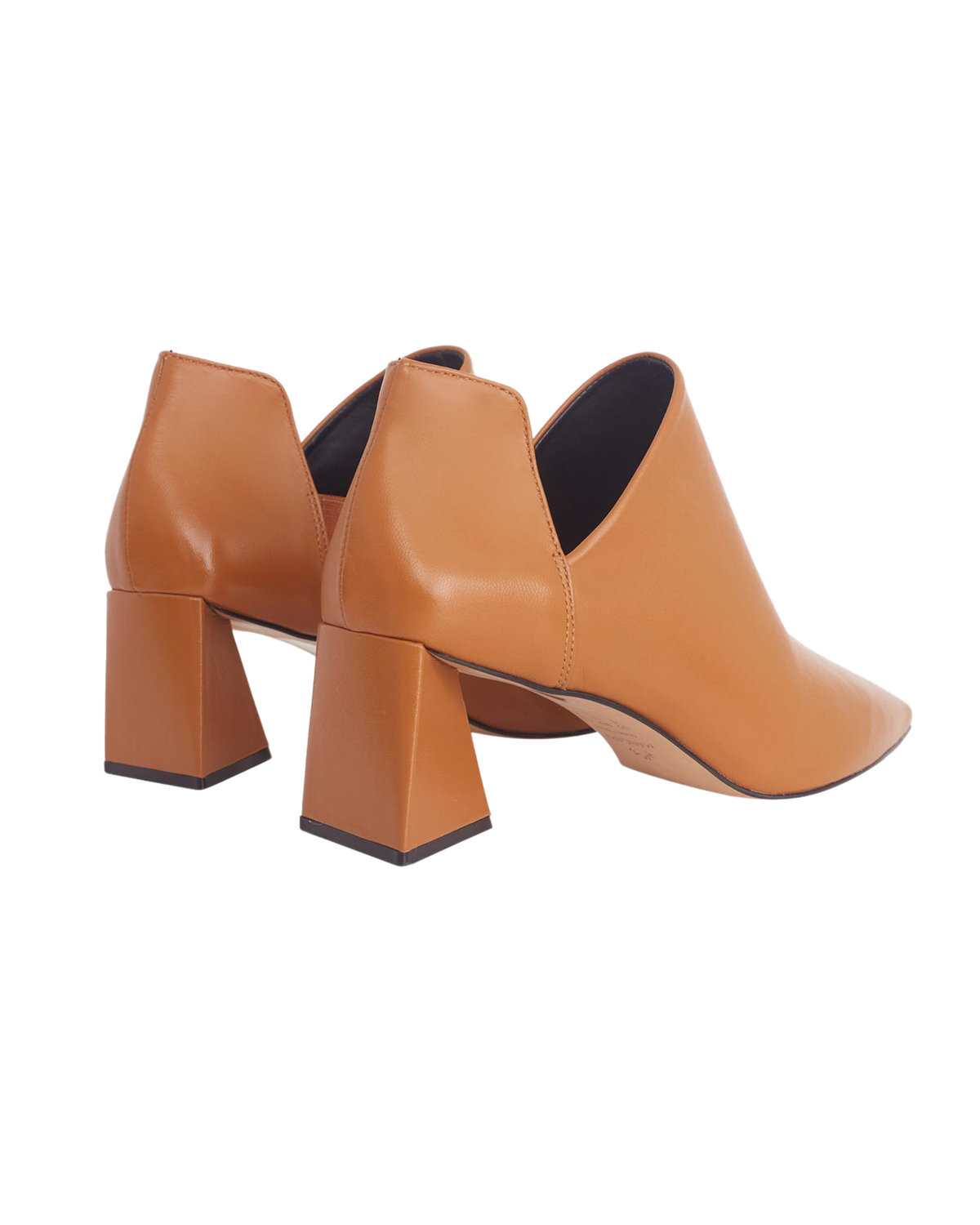 Maranta caramel leather ankle boots, rear view showing the flared block heel