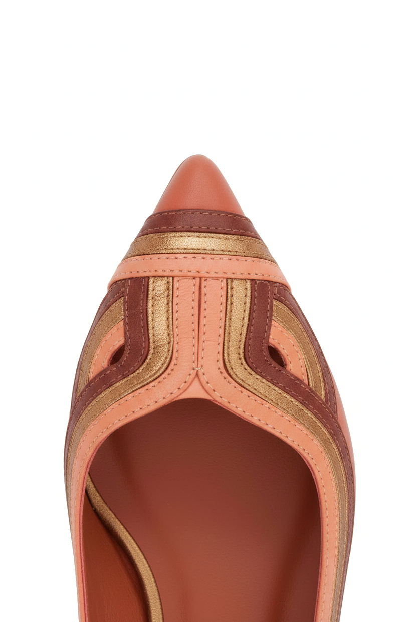 Close up detail of the layered art deco leather inlay on the Begonia caramel ballerinas