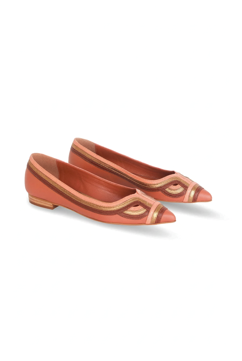 Begonia caramel leather ballerinas three quarter view showing the low stacked heel
