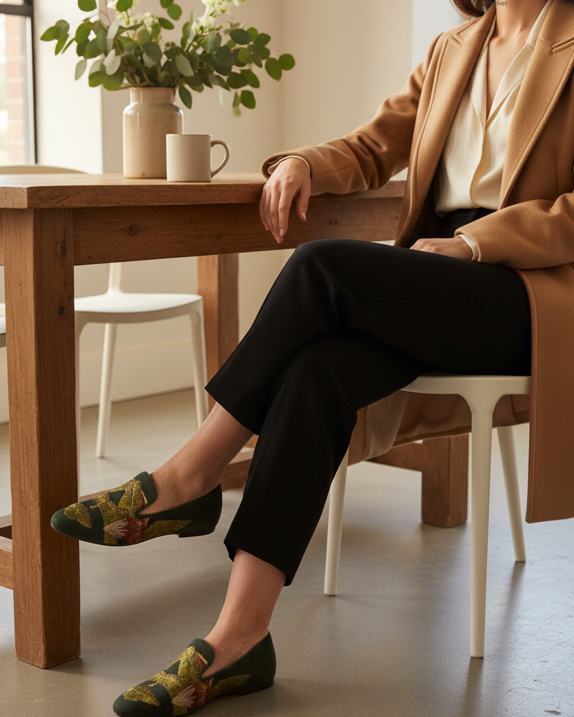 Canela Suede Green Leather Embroidered Loafers — AI-generated editorial photo
