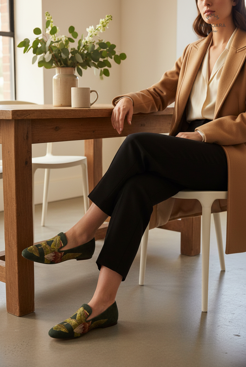 Canela Suede Green Leather Embroidered Loafers — AI-generated editorial photo