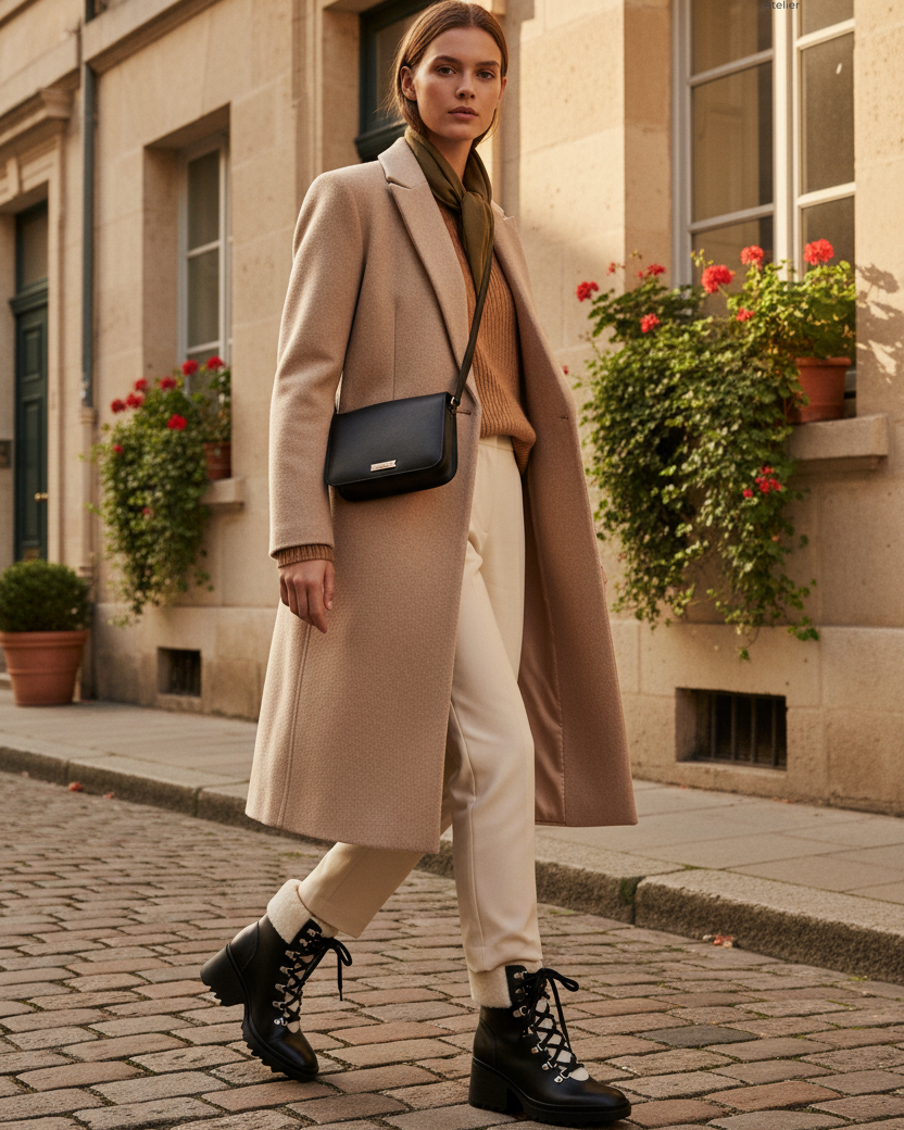 Cassia Black Leather Combat Boots – Shearling Lined, 7.8cm Block Heel — AI-generated editorial photo