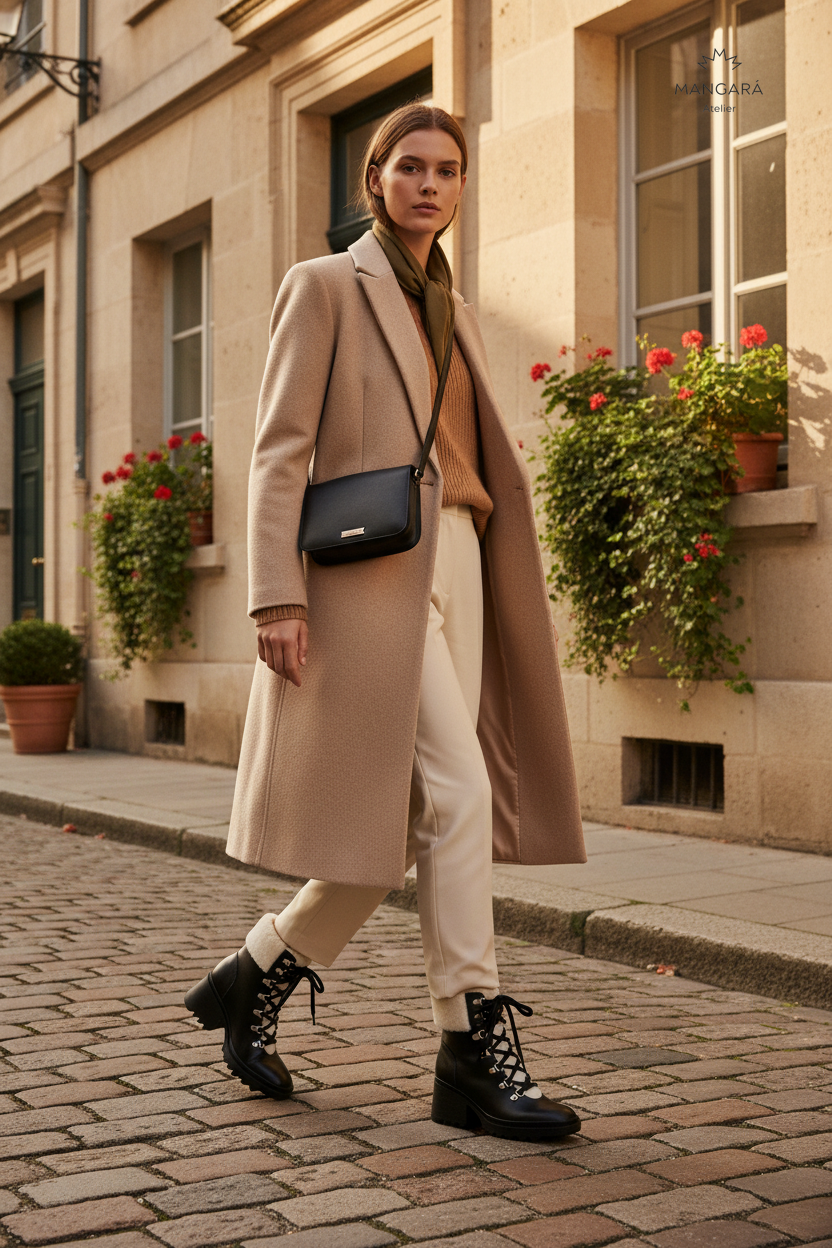 Cassia Black Leather Combat Boots – Shearling Lined, 7.8cm Block Heel — AI-generated editorial photo