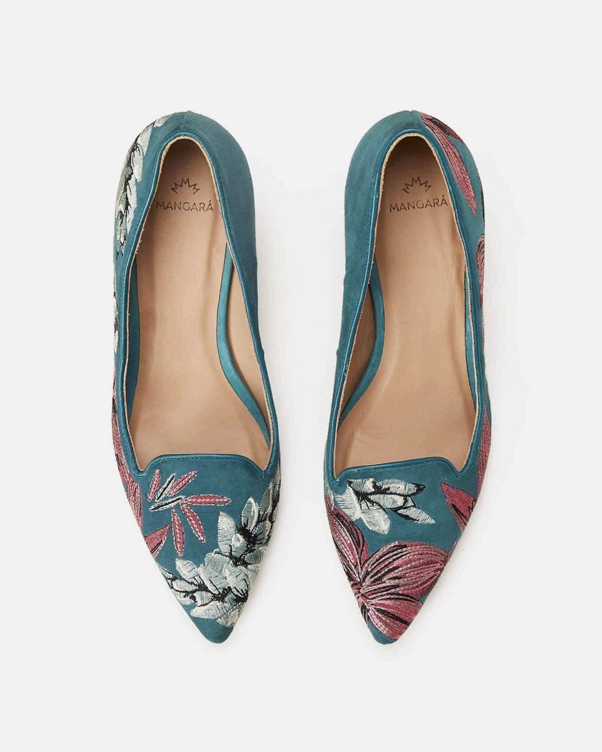Mangará Atelier Turquoise Suede Embroidered Kitten Heel Pumps – Side View – SKU 222F145441