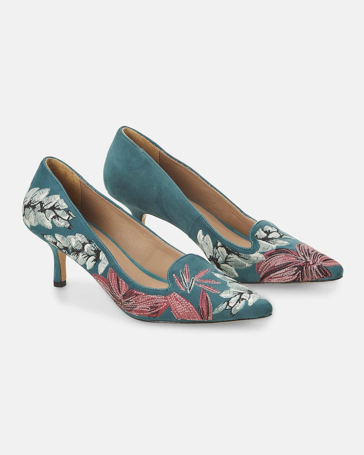 Mangará Atelier Turquoise Suede Embroidered Kitten Heel Pumps – Embroidery Detail – SKU 222F145441