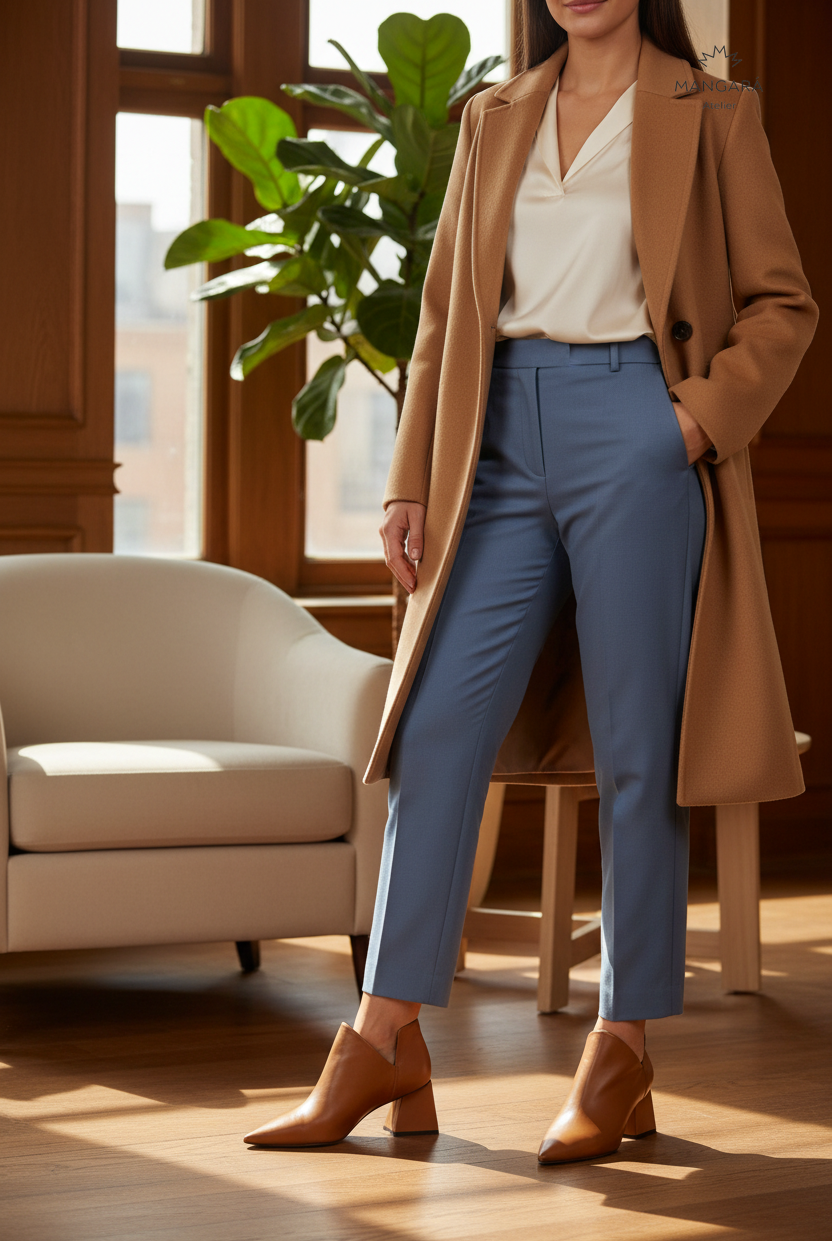 Maranta Caramel Leather Ankle Boots – Pointed Toe, 6.3cm Flared Heel — AI-generated editorial photo