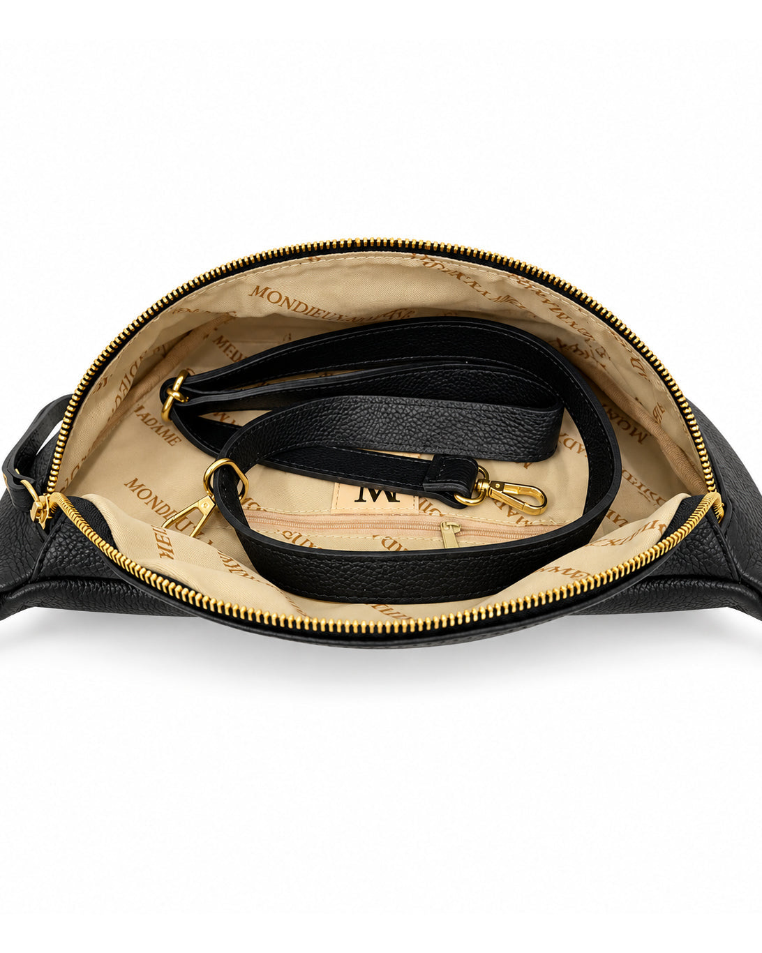Mondieux Madame Camille leather belt bag, open view showing the printed lining, inner zip pocket and strap.