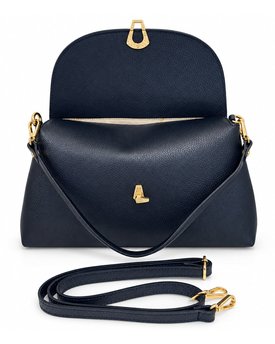 Mondieux Madame Irena navy leather shoulder bag with the flap open and detachable strap below.