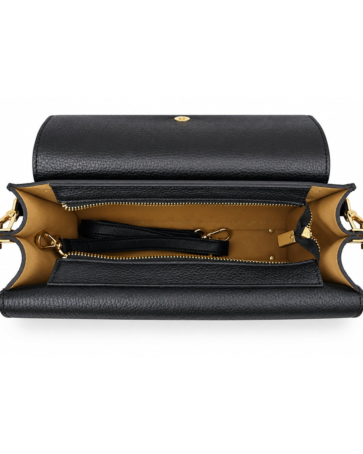 Mondieux Madame Jules leather bag, open top view showing the tan interior and detachable strap.