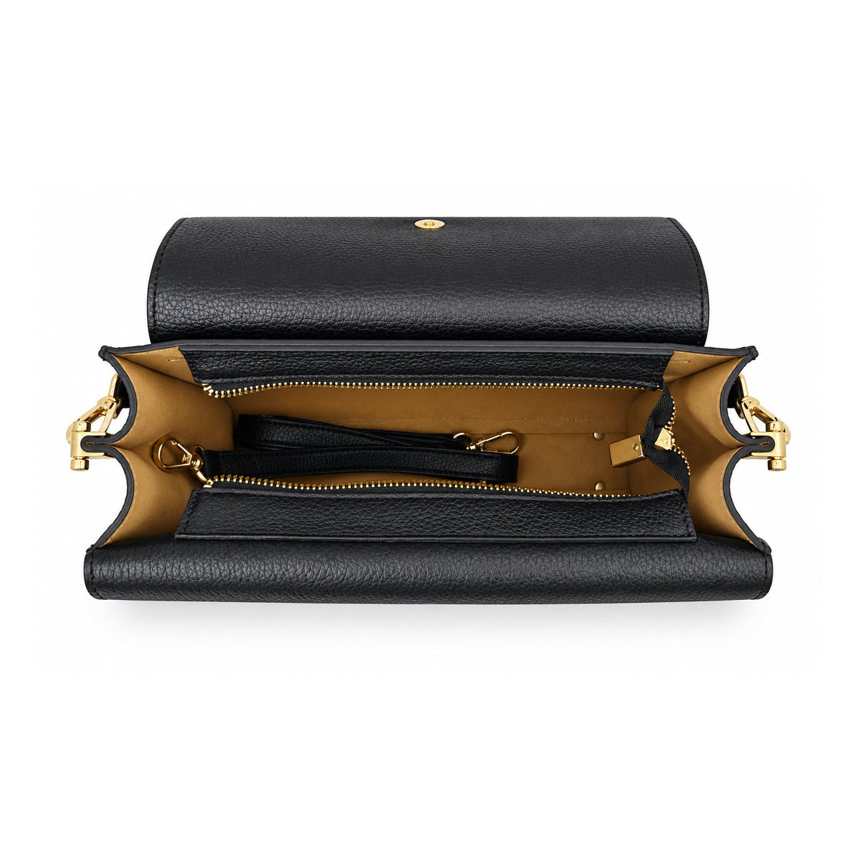 Mondieux Madame Jules leather bag, open top view showing the tan interior and detachable strap.