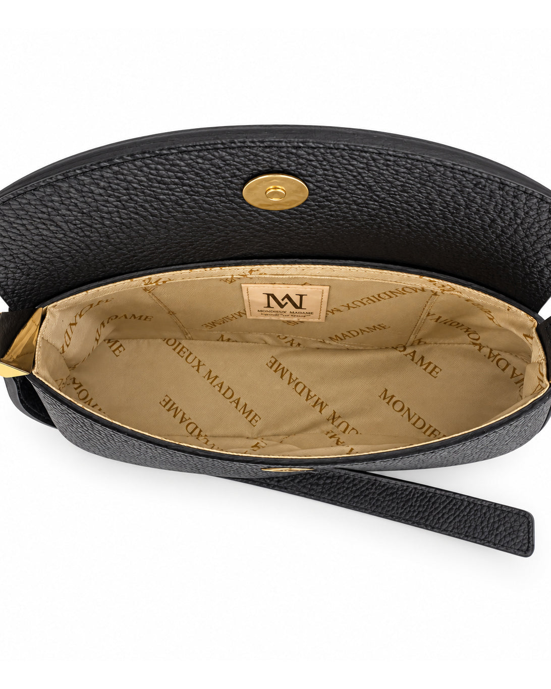 Mondieux Madame Lady leather shoulder bag, open view showing the beige printed lining and magnetic snap.