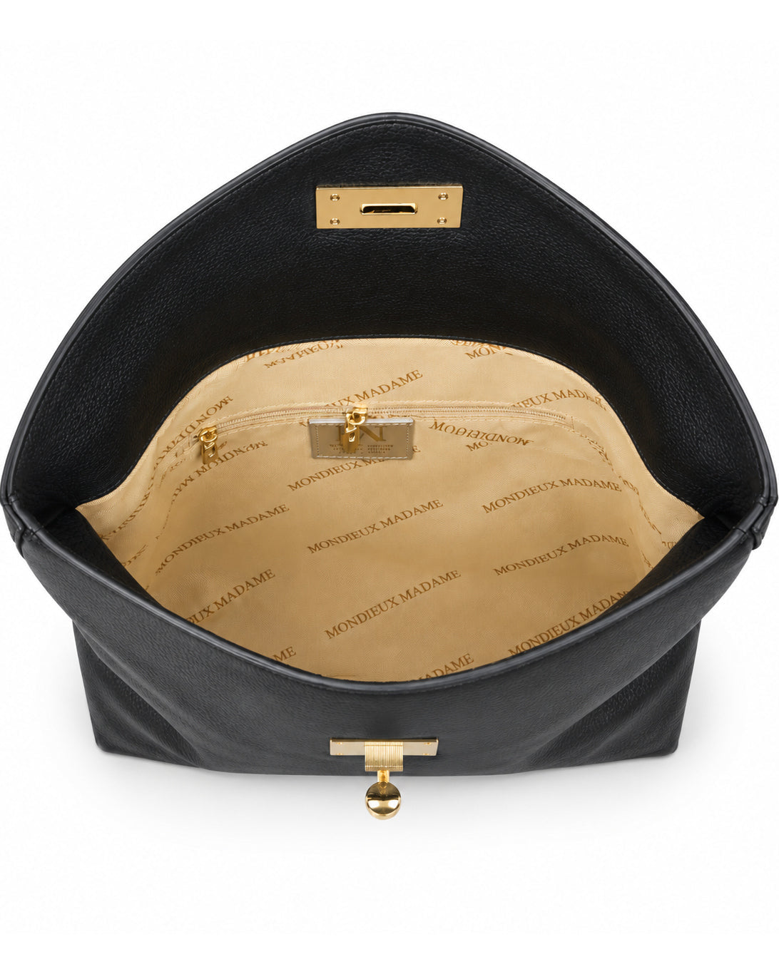 Mondieux Madame Leona leather bag, open view showing the printed lining and internal zip pocket.
