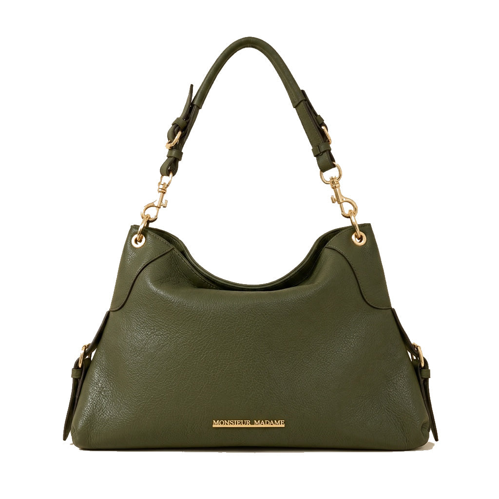 Mondieux Madame Roxy leather shoulder bag in khaki, with short handle visible.