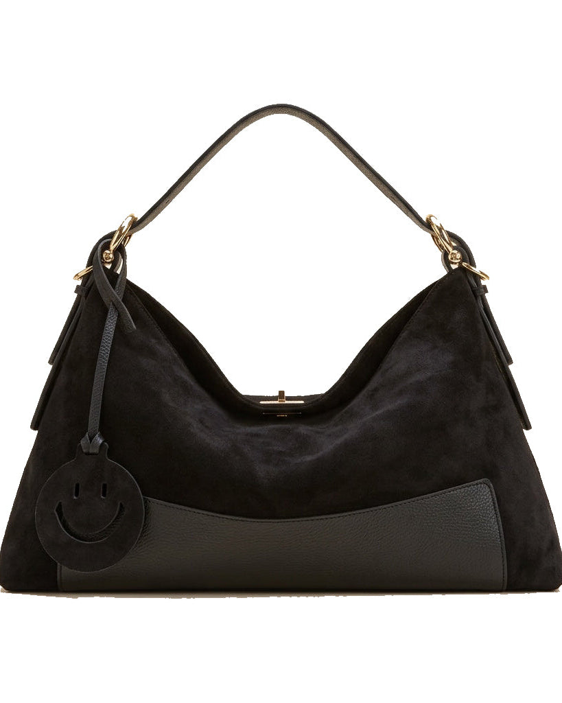 Mondieux Madame Smile suede bag in black, still product view