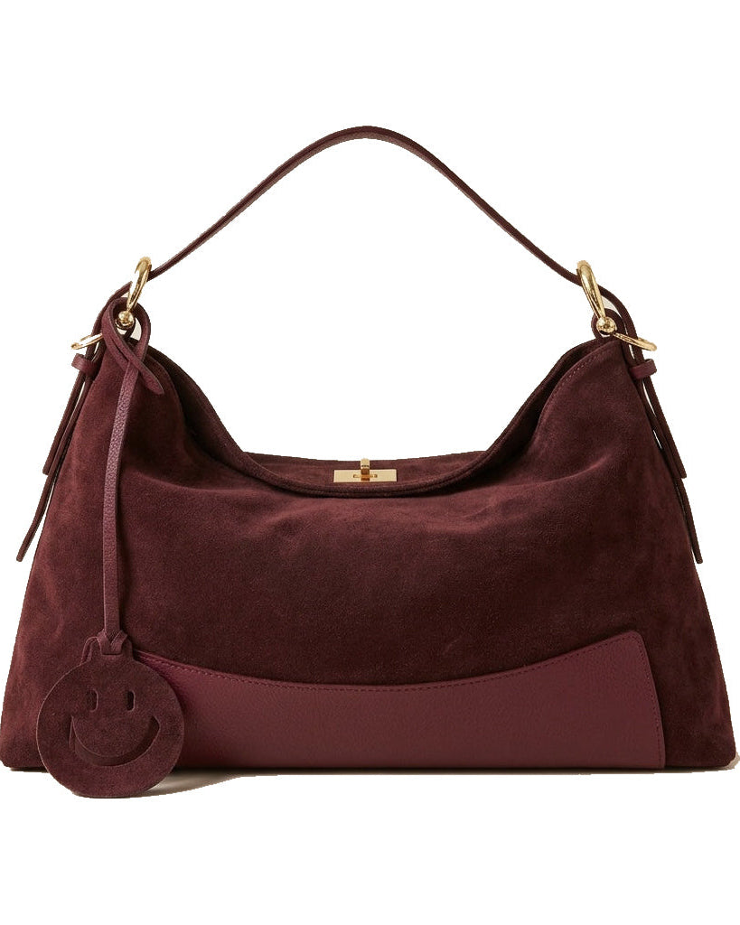 Mondieux Madame Smile suede bag in bordeaux, still product view