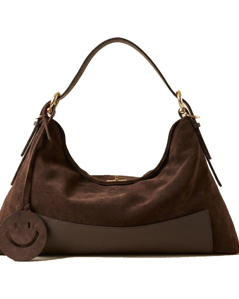 Mondieux Madame Smile suede bag in dark choco, still product view