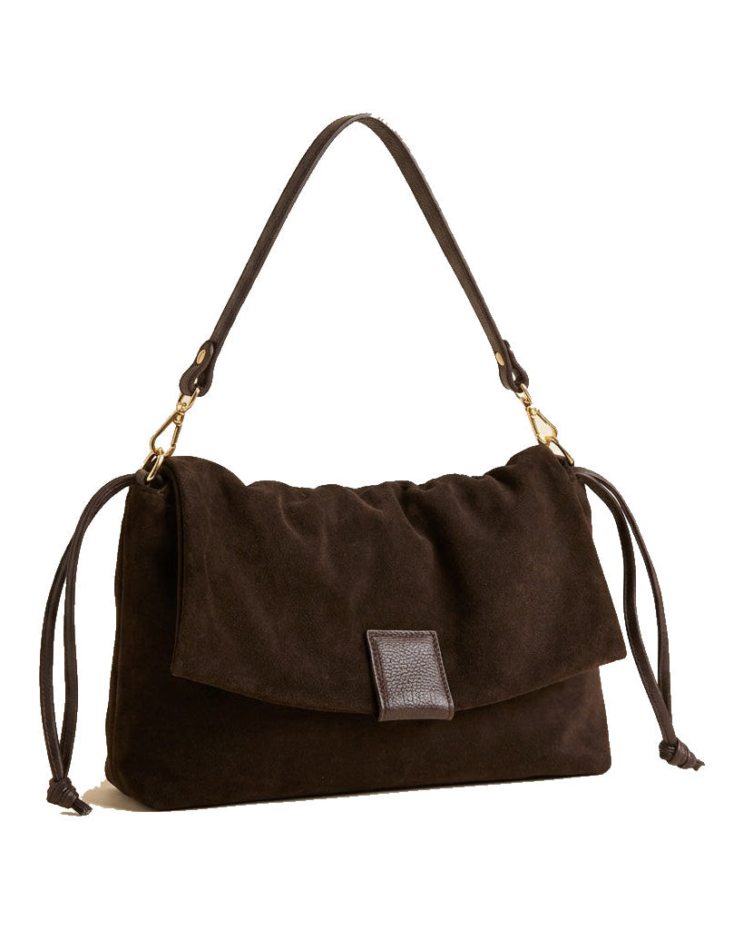 Mondieux Madame Stella suede bag in dark choco, still product view