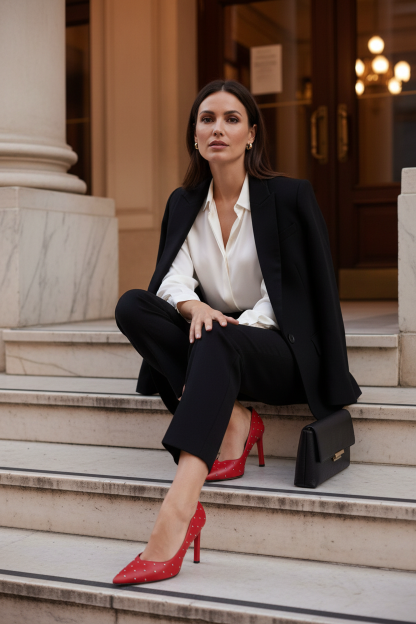 Callisia red studded leather pumps styled with black tailored trousers and an ivory silk shirt on pale marble theatre steps at dusk