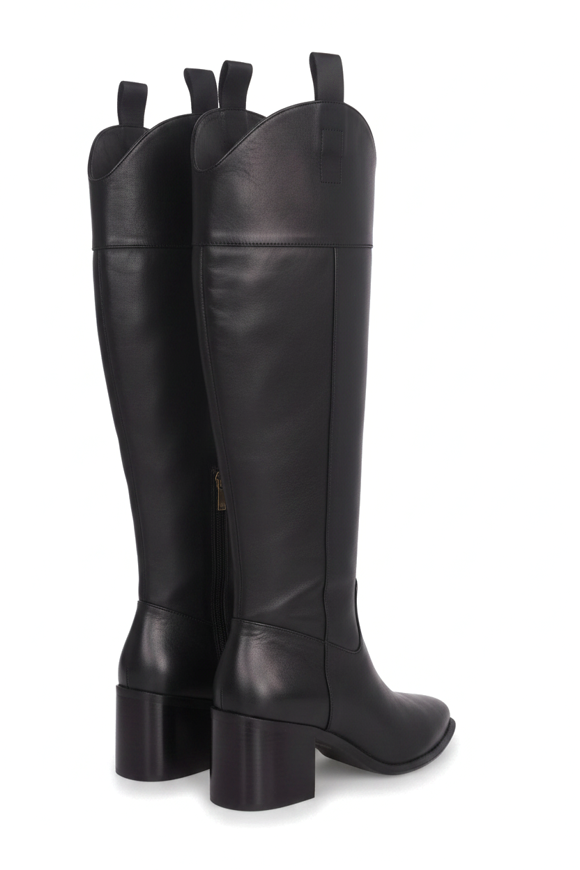 Canna black calf leather knee-high riding boots back view showing the gold side zip and block heel