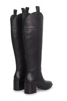 Canna black calf leather knee-high riding boots back view showing the gold side zip and block heel