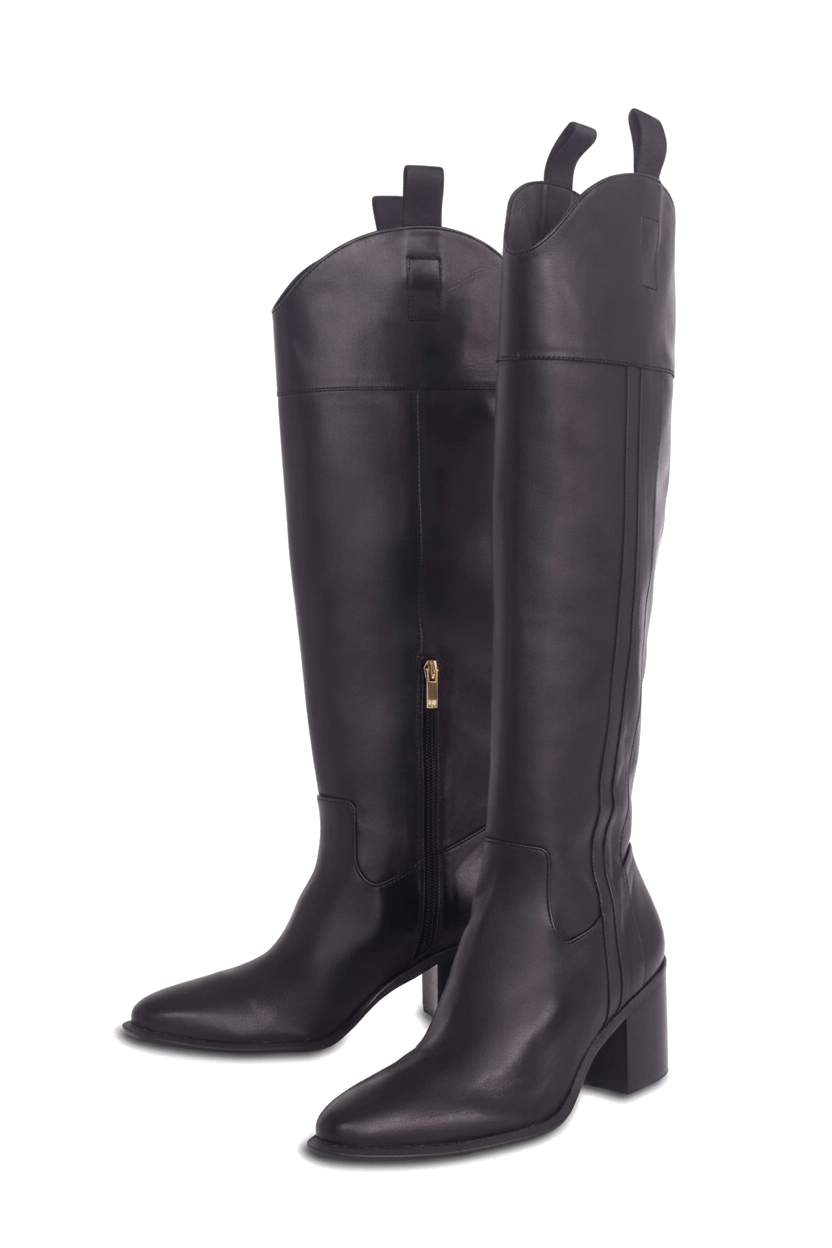 Canna black calf leather knee-high riding boots front view showing curved topline and pull tabs
