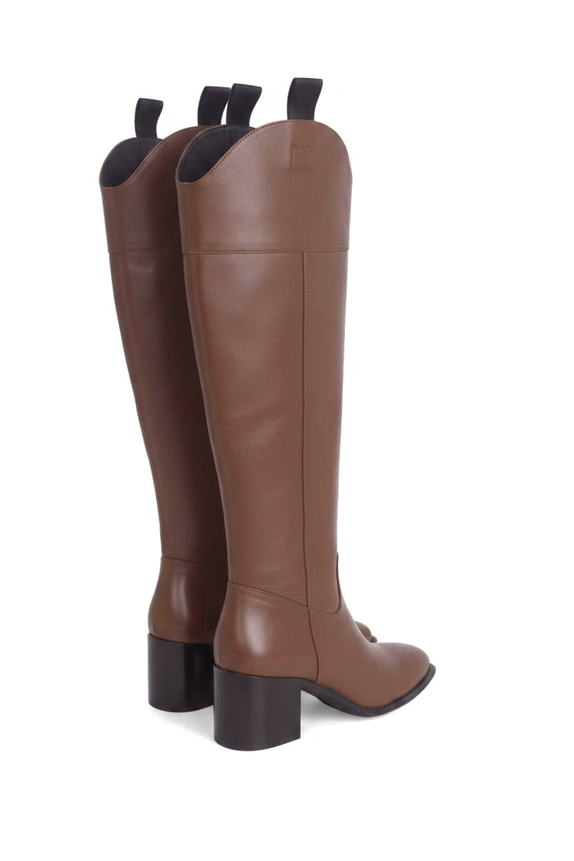 Canna brown knee-high riding boots back view showing the dark block heel and curved topline