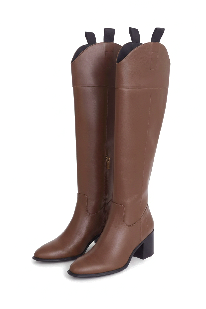 Canna brown knee-high riding boots front view showing black pull tabs and gold side zip