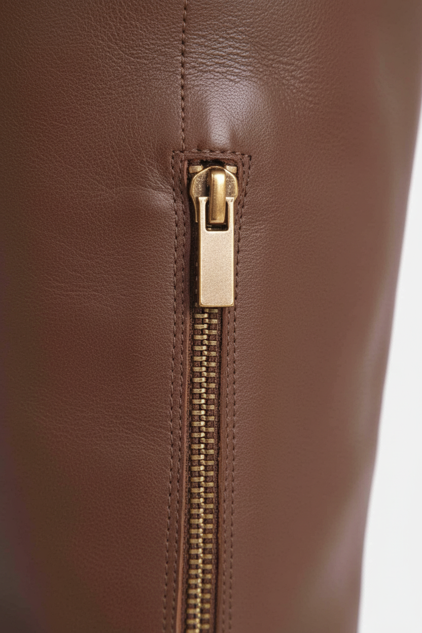 Close up detail of the antique gold side zip on the Canna brown leather riding boots