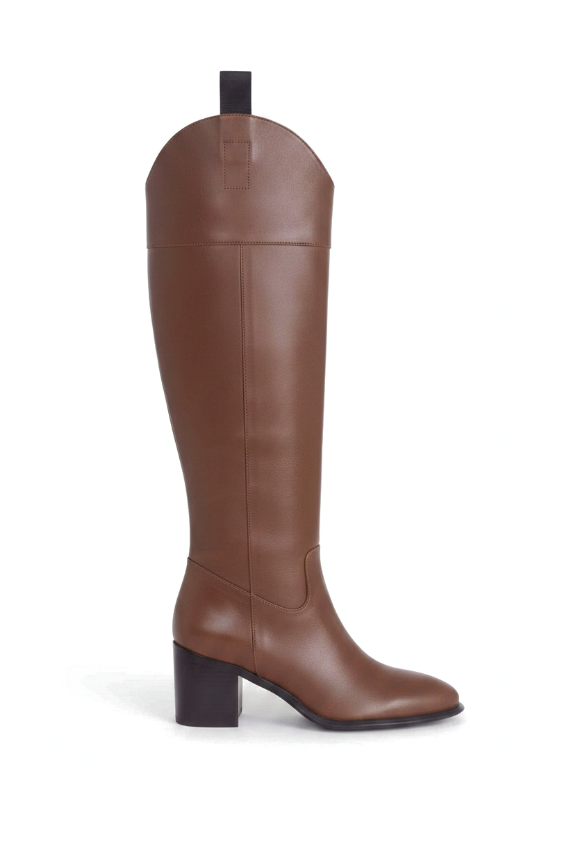 Canna brown calf leather knee-high riding boots side view with 6.5cm block heel