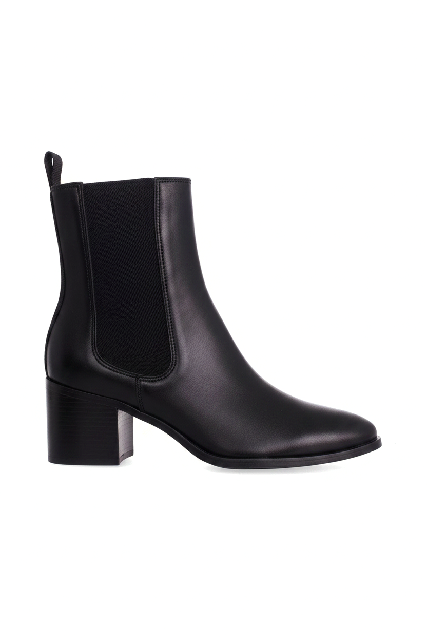 Canna black leather Chelsea ankle boots side view with elastic gore and 6.5cm block heel