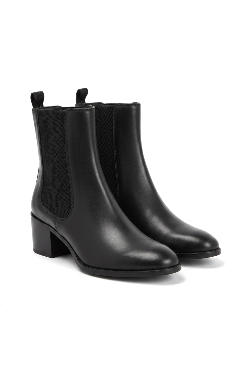 Canna black leather Chelsea ankle boots three quarter view showing the almond toe