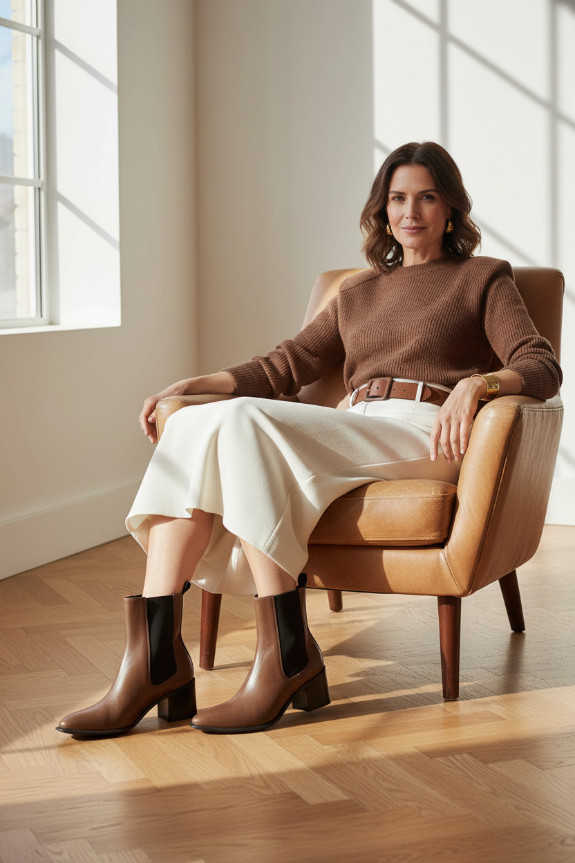 Canna brown leather Chelsea ankle boots styled with an ivory crepe skirt and chocolate cashmere in a sunlit winter interior
