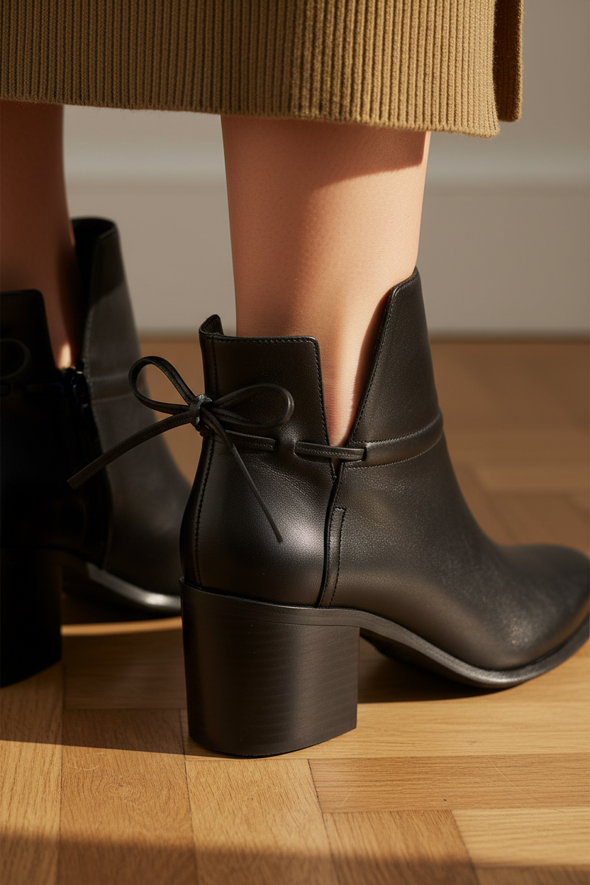 Close up detail of the tied leather bow at the back of the Attalea black ankle boots