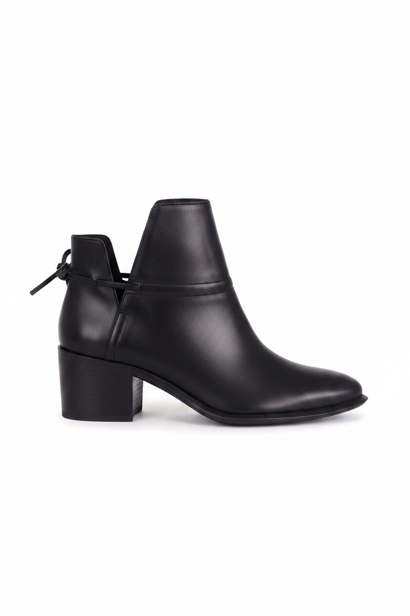 Attalea black leather ankle boots side view with ankle strap and 5cm block heel